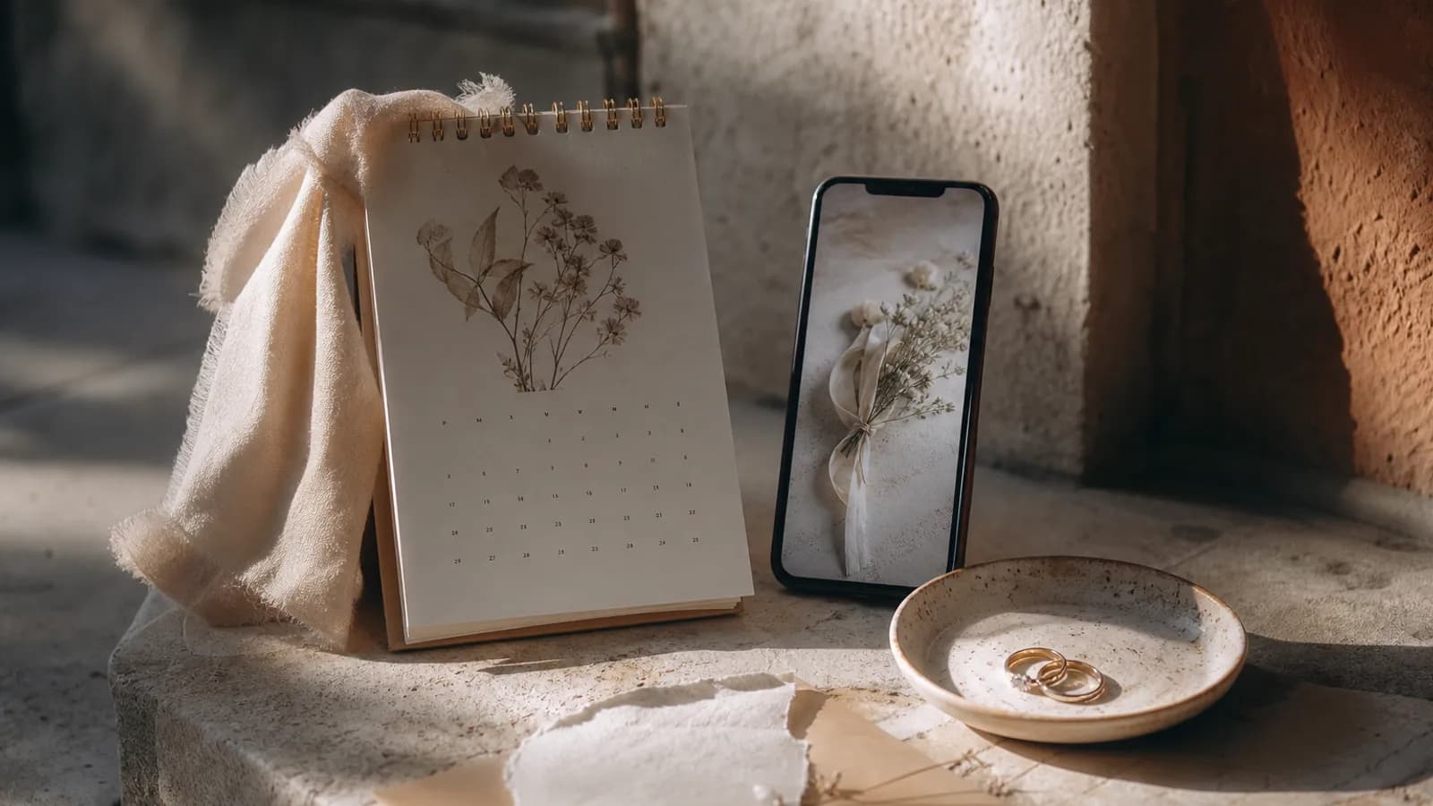 A calendar and a phone showing a wedding invitation, lit by soft morning light