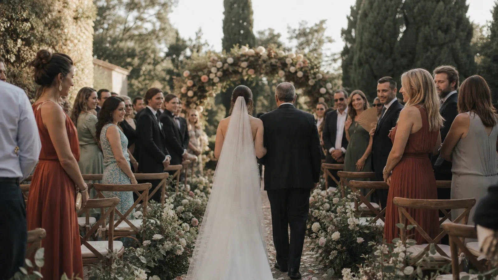 Ceremonia de boda al aire libre en un jardín con sillas y arco floral