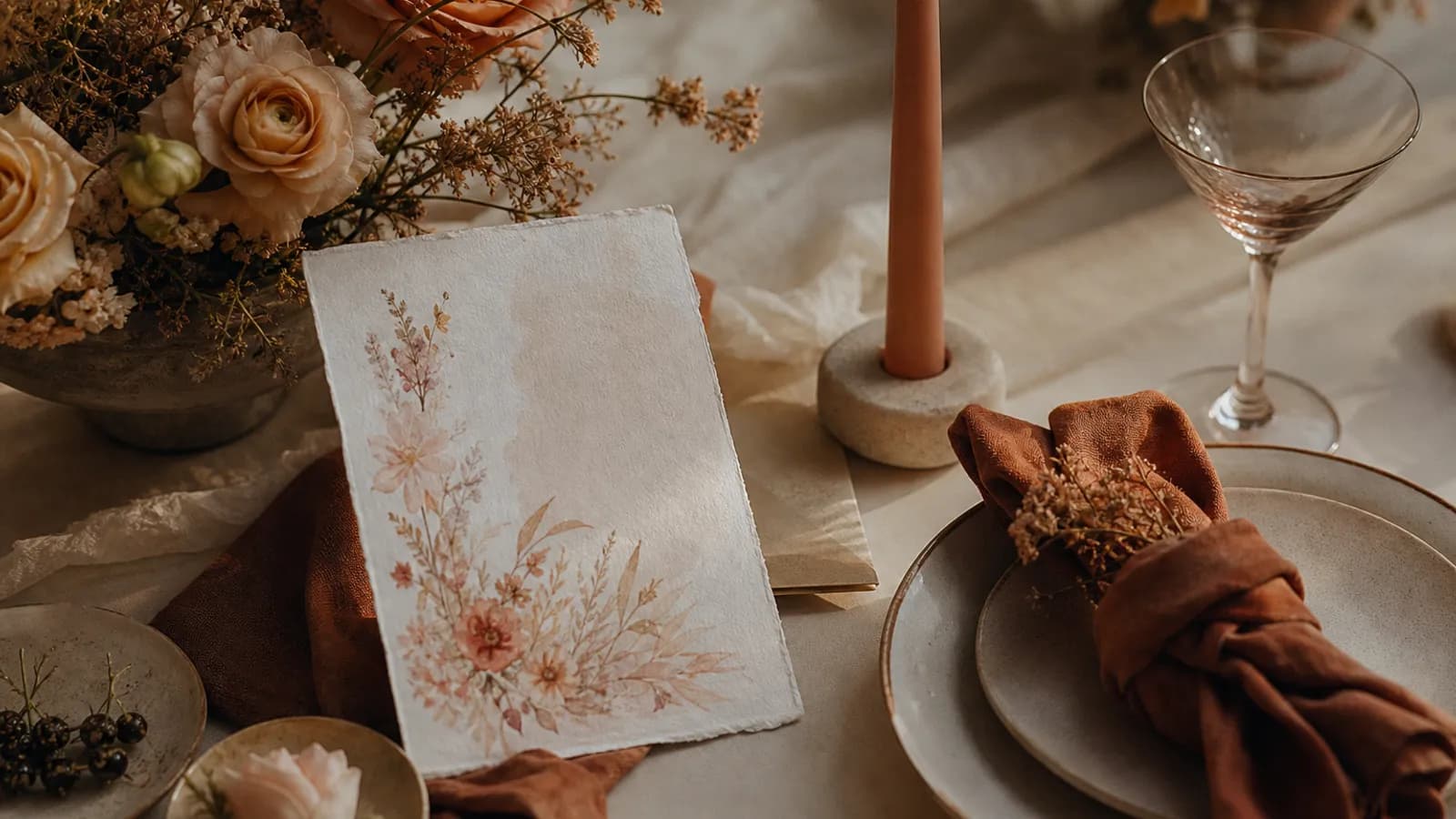 Invitación de boda junto a la decoración de mesa con la misma paleta de color