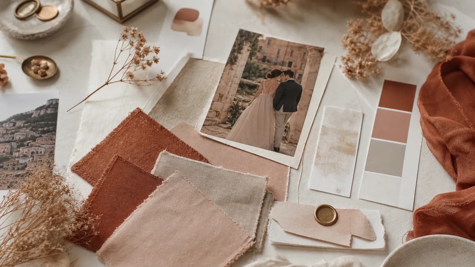 Tablero de inspiración con la temática y los colores de una boda