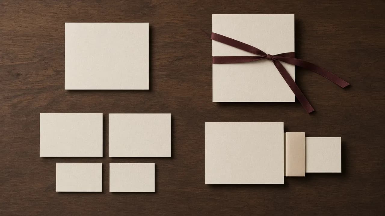 Cuatro grupos de tarjetas en blanco dispuestos sobre una mesa de madera
