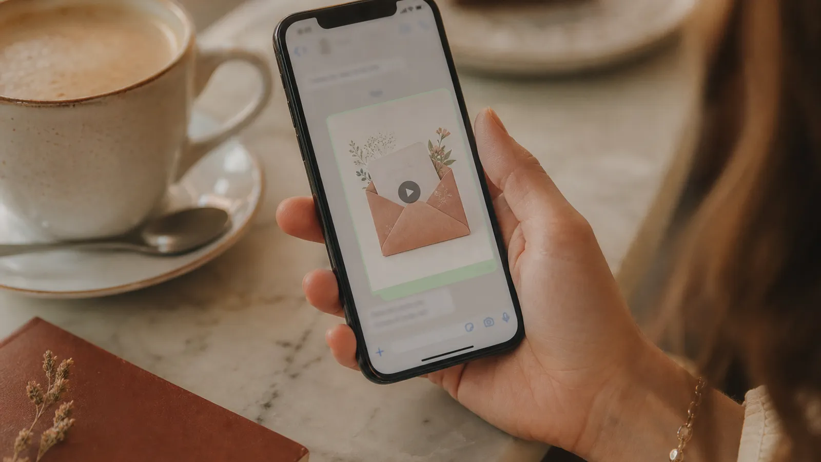 Móvil enviando una invitación de boda por WhatsApp con sobre animado