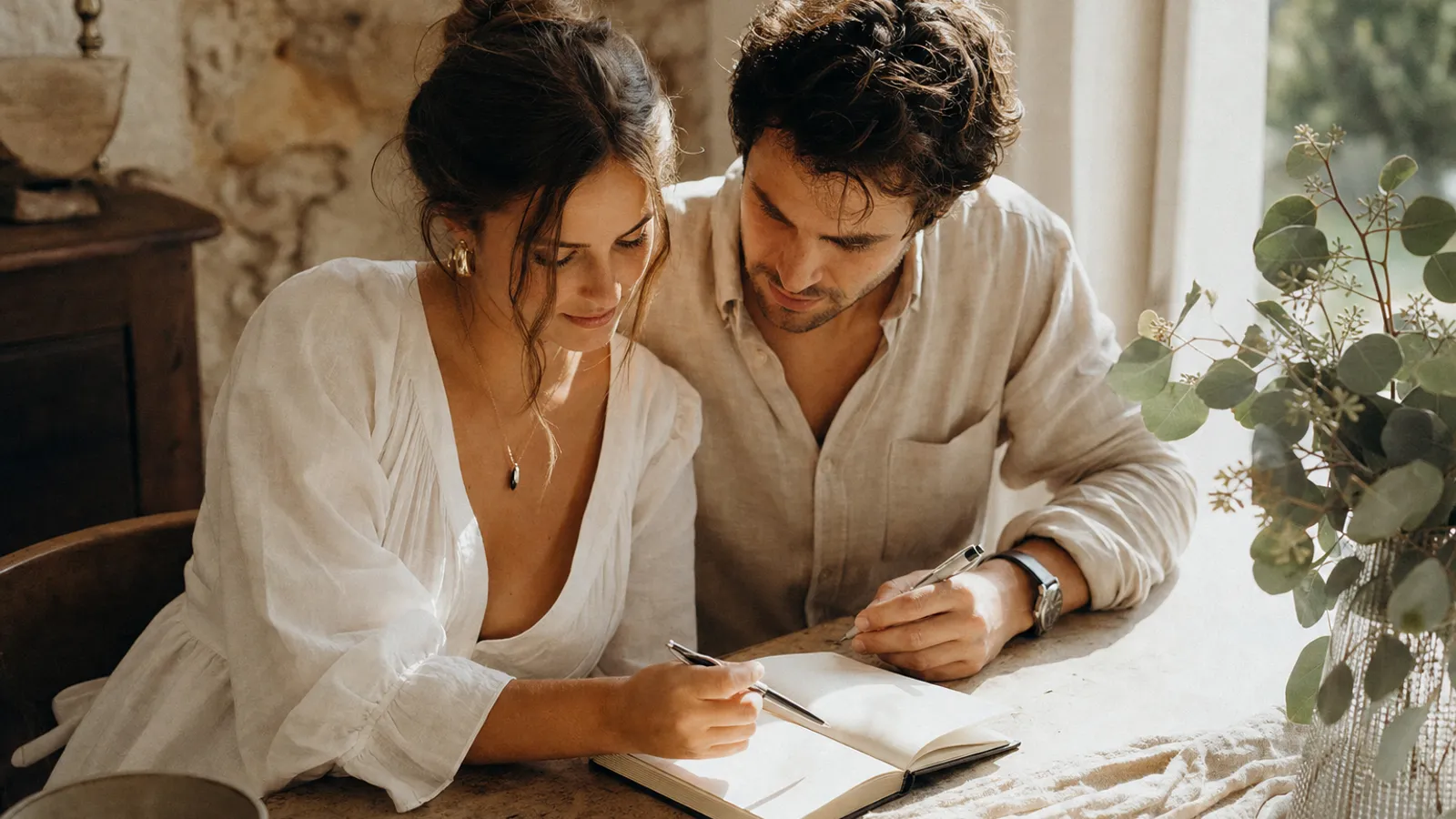 Pareja escribiendo la lista de invitados de su boda en una libreta