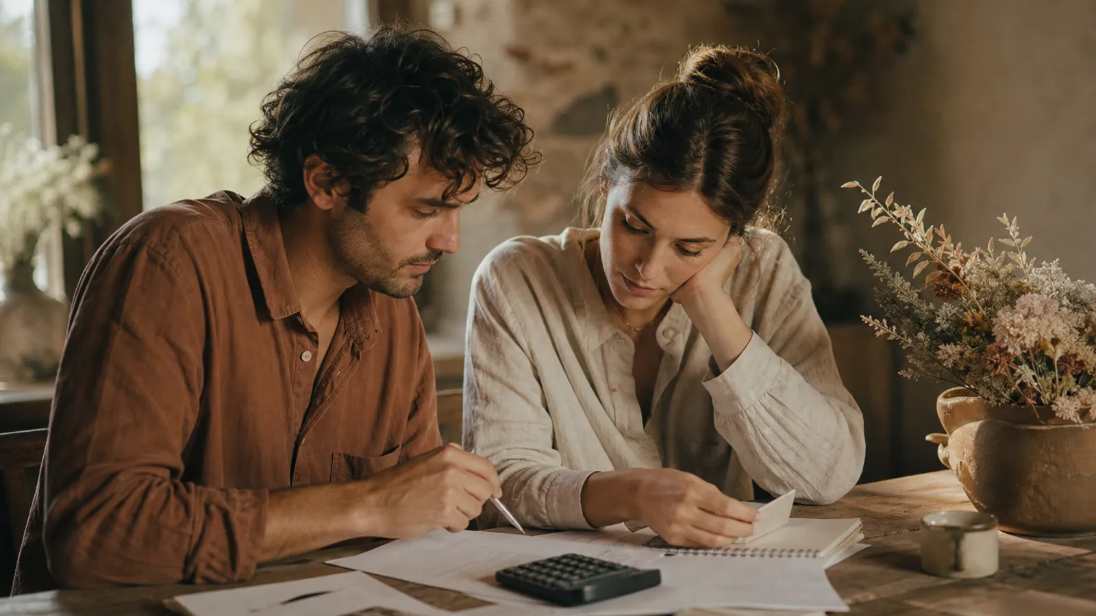 Pareja calculando el presupuesto realista de su boda con una calculadora