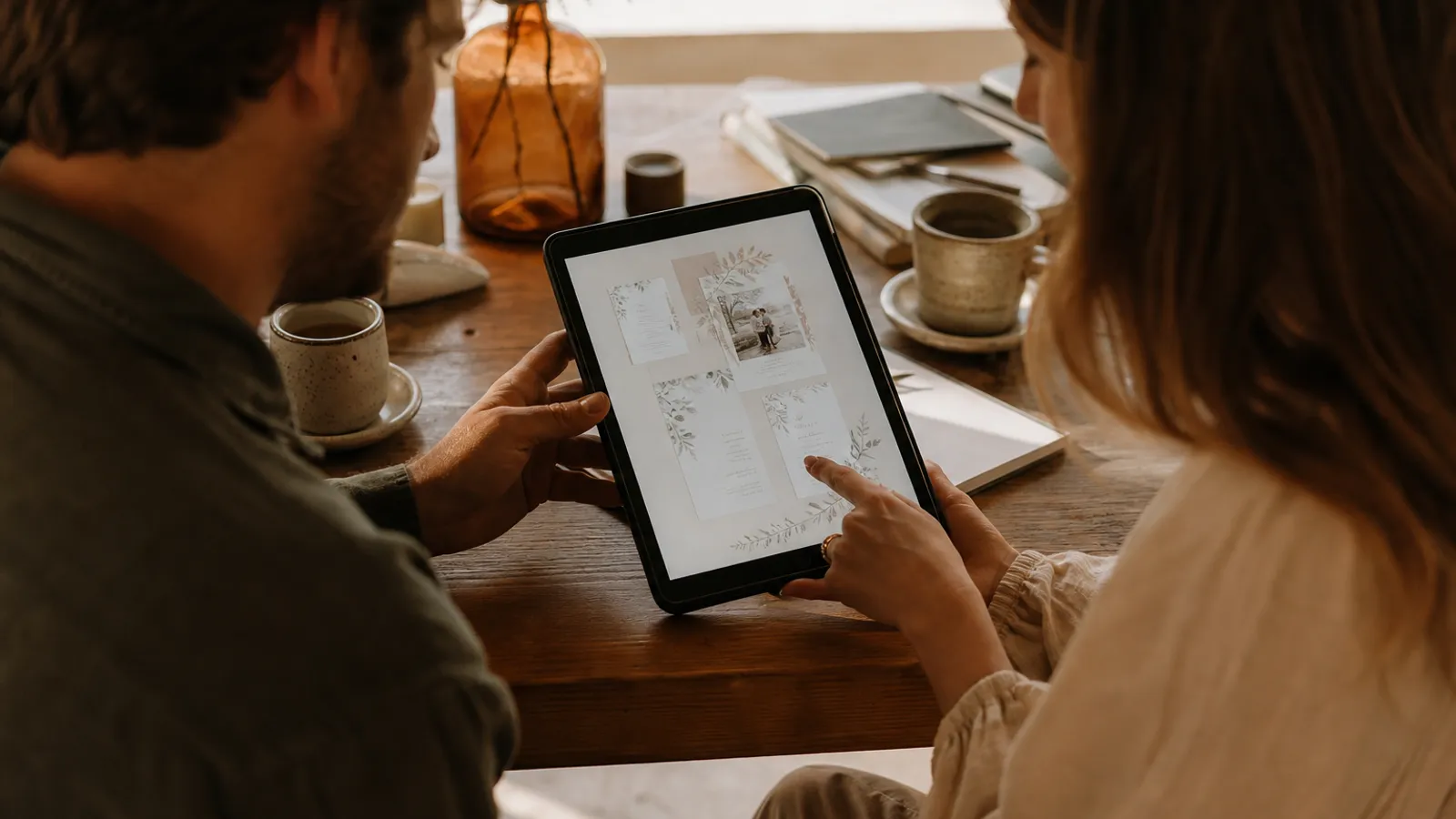 Pareja eligiendo una plantilla de invitación de boda en una tablet
