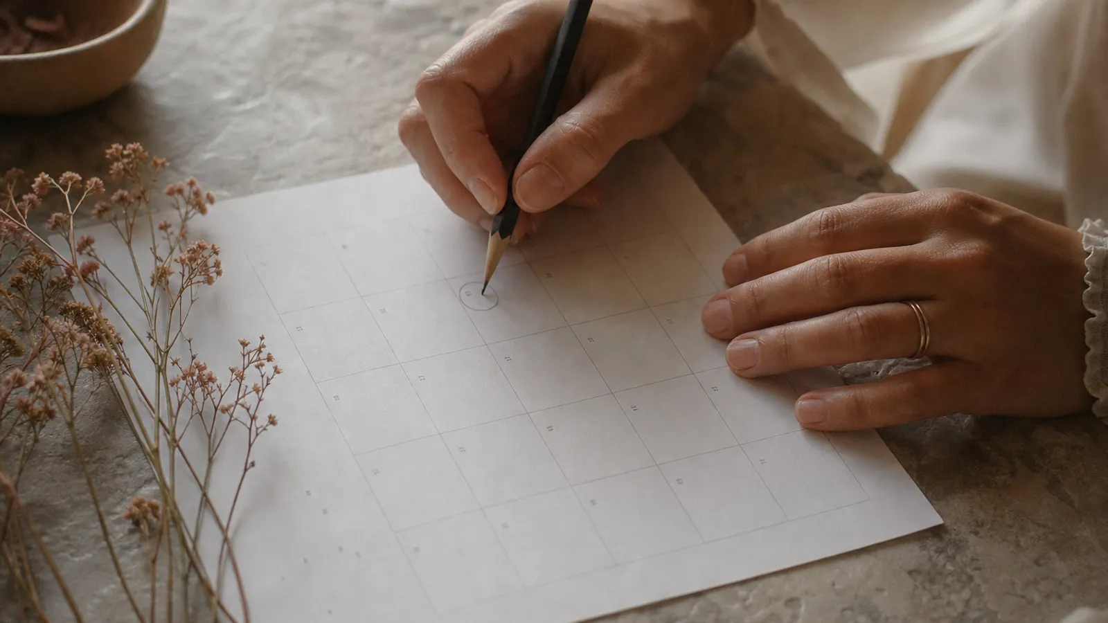 Manos marcando una fecha en un calendario para enviar el save the date