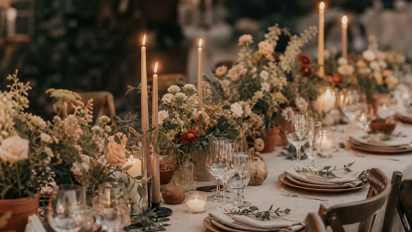 Decoración de boda sencilla y elegante con flores de temporada y velas