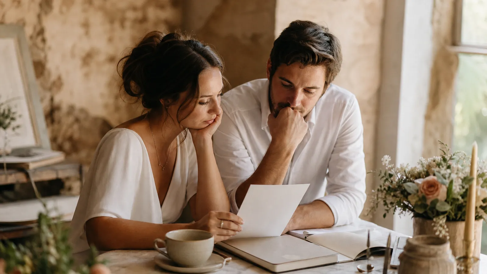 Pareja revisando una lista de errores comunes a evitar al organizar la boda