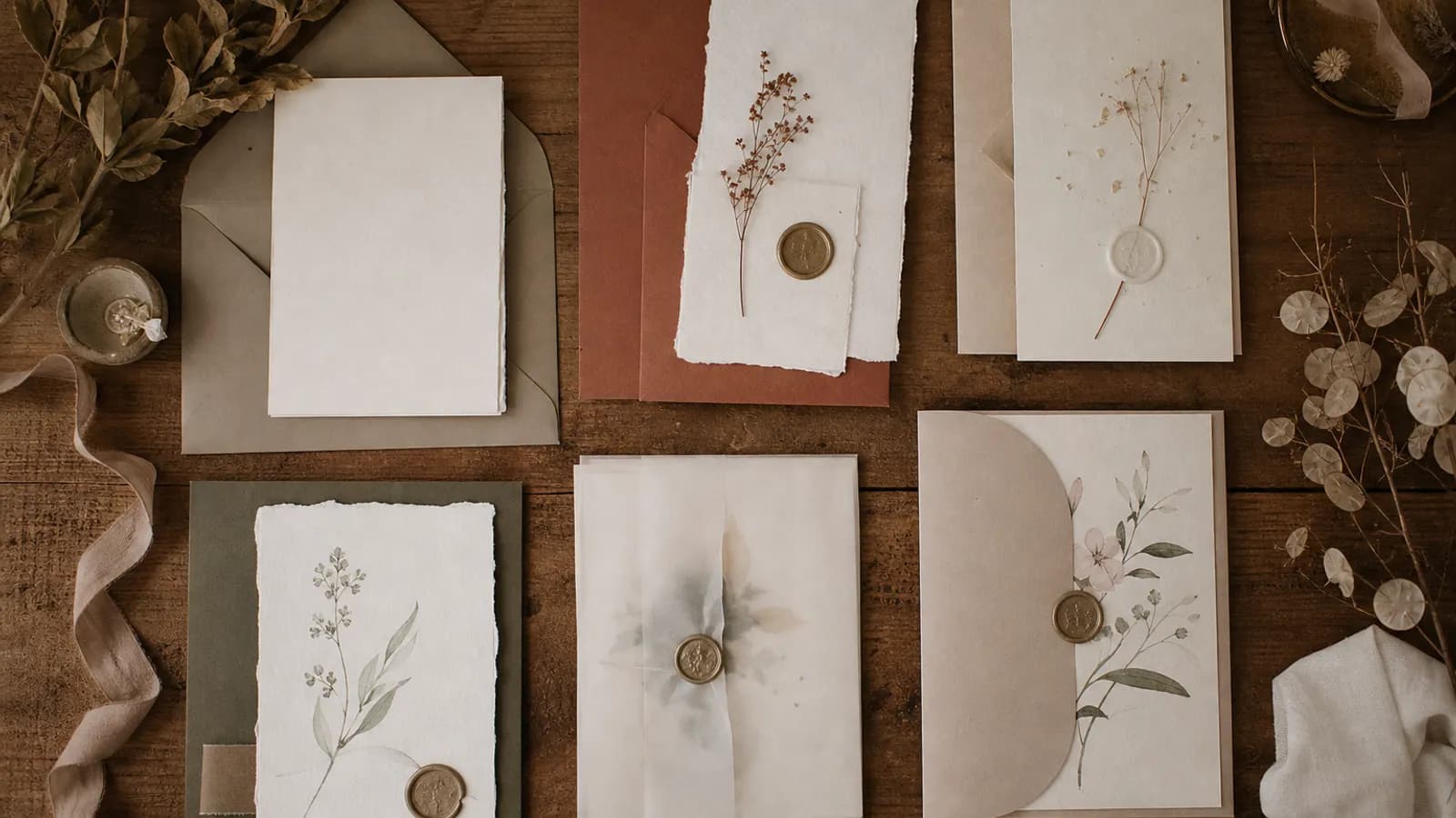 Variedad de estilos de invitaciones de boda sobre una mesa de madera