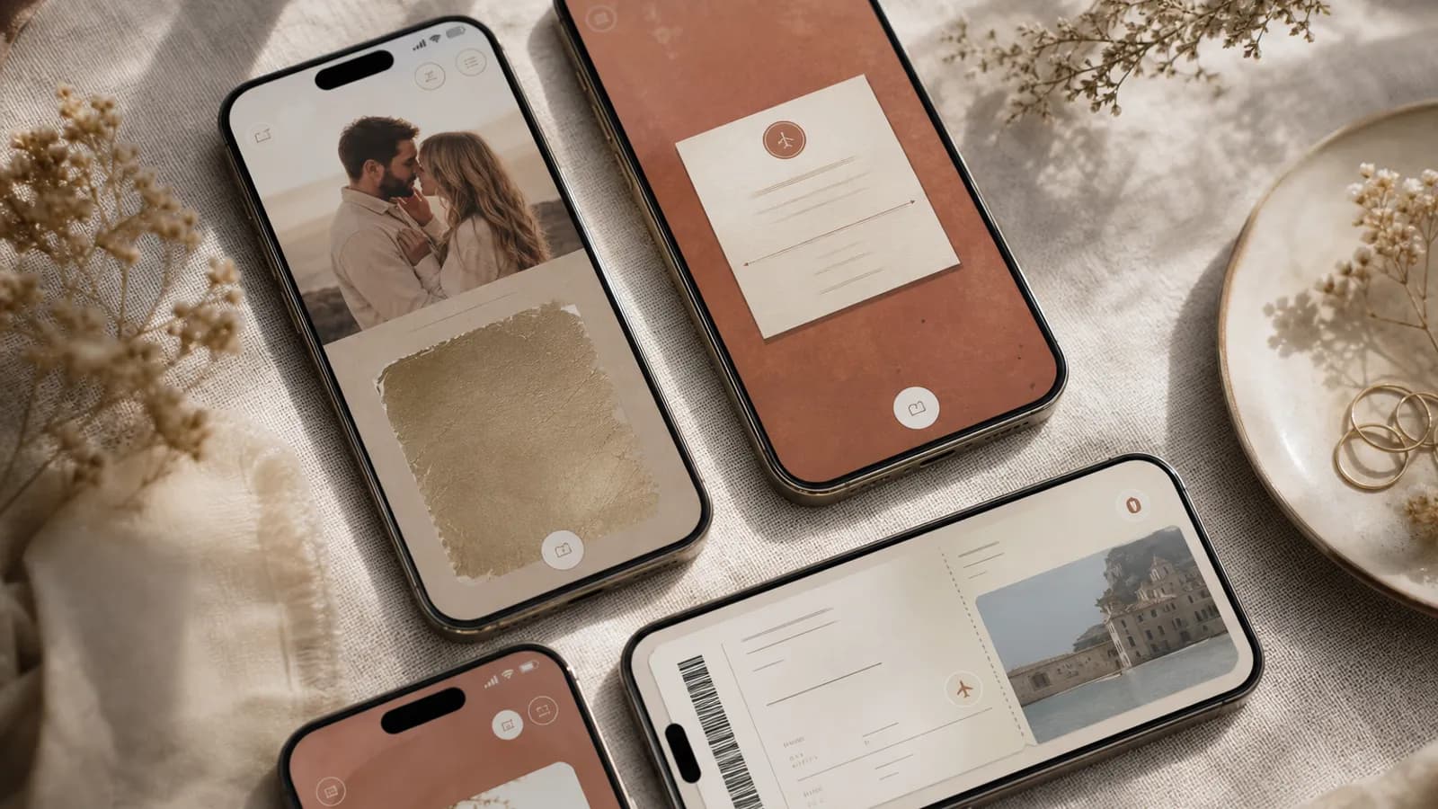 Varios formatos de save the date digital interactivos en pantallas de móvil