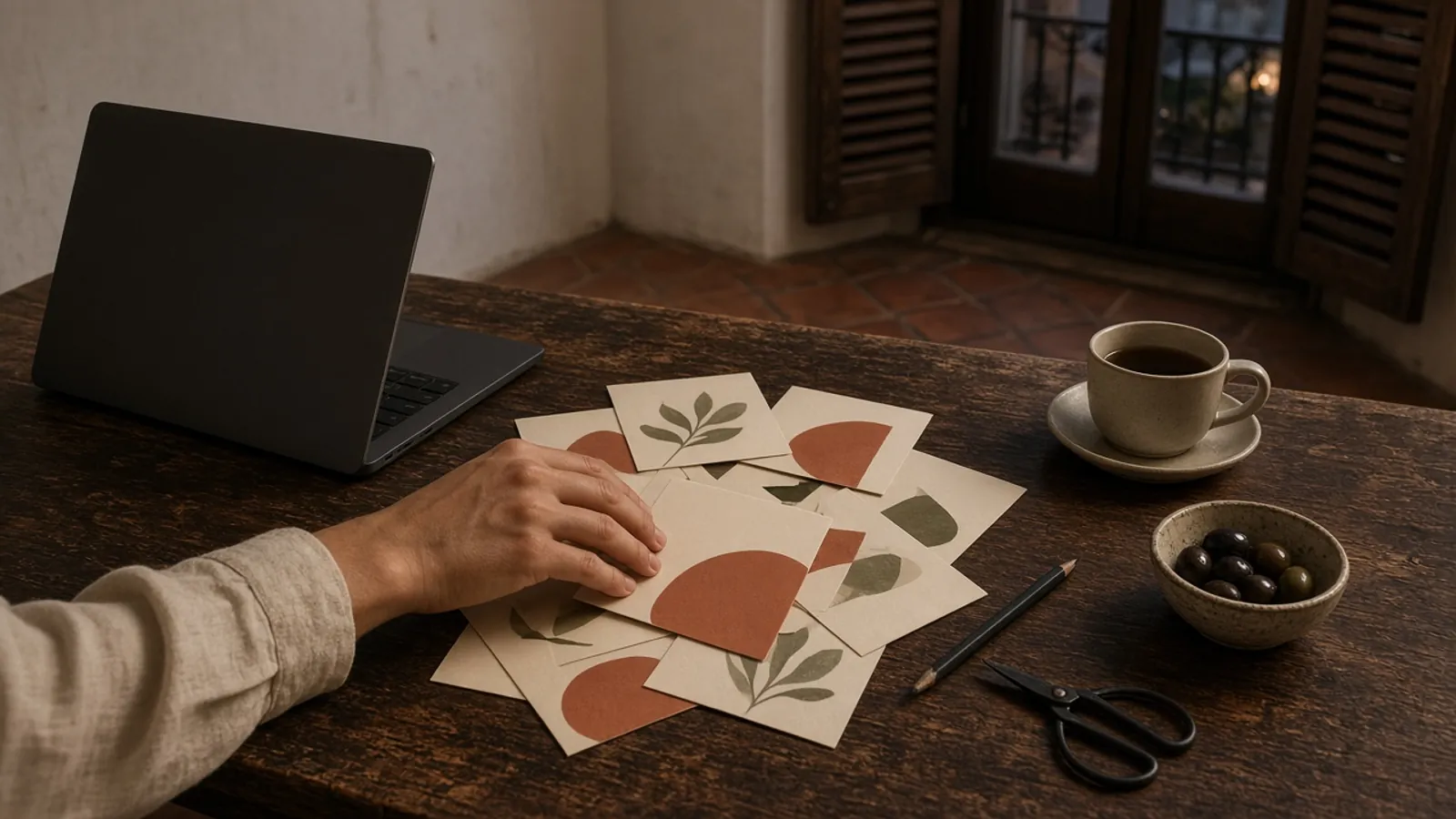 Mesa de casa ya de noche con un portátil de lado y la pantalla girada, un montón de pruebas impresas de un pequeño save the date, una mano que deja otra encima, una taza de té frío y un cuenco de aceitunas