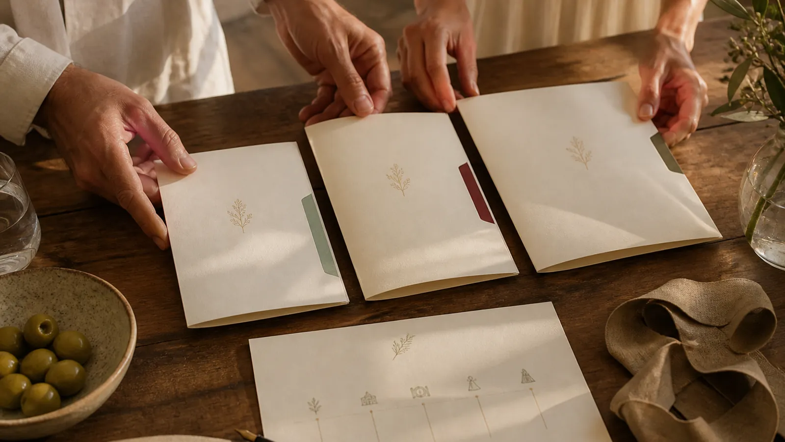 Pareja ordenando tres versiones coordinadas de una invitación de boda sobre una mesa