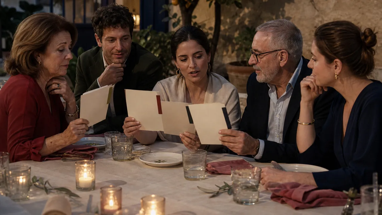 Cinco invitados de varias generaciones comparando tres versiones de una invitación durante una cena