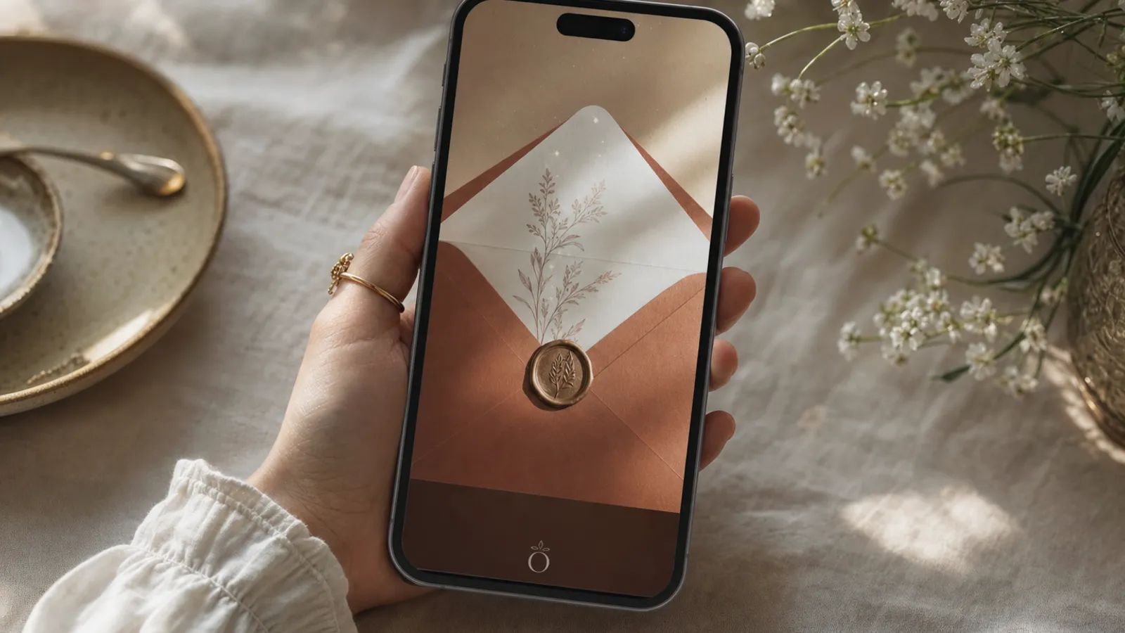 Invitación de boda digital abierta en un móvil con sobre animado