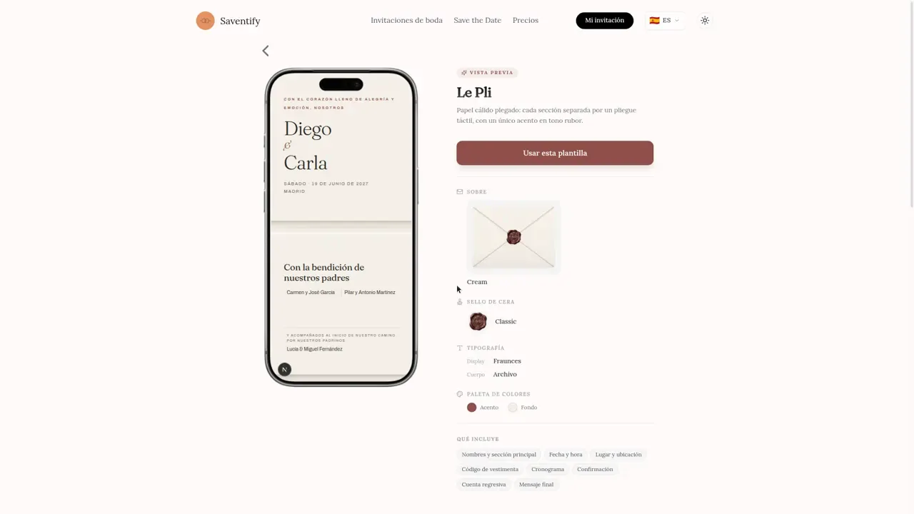 Página real de la plantilla Le Pli en español con vista previa móvil y opciones de personalización