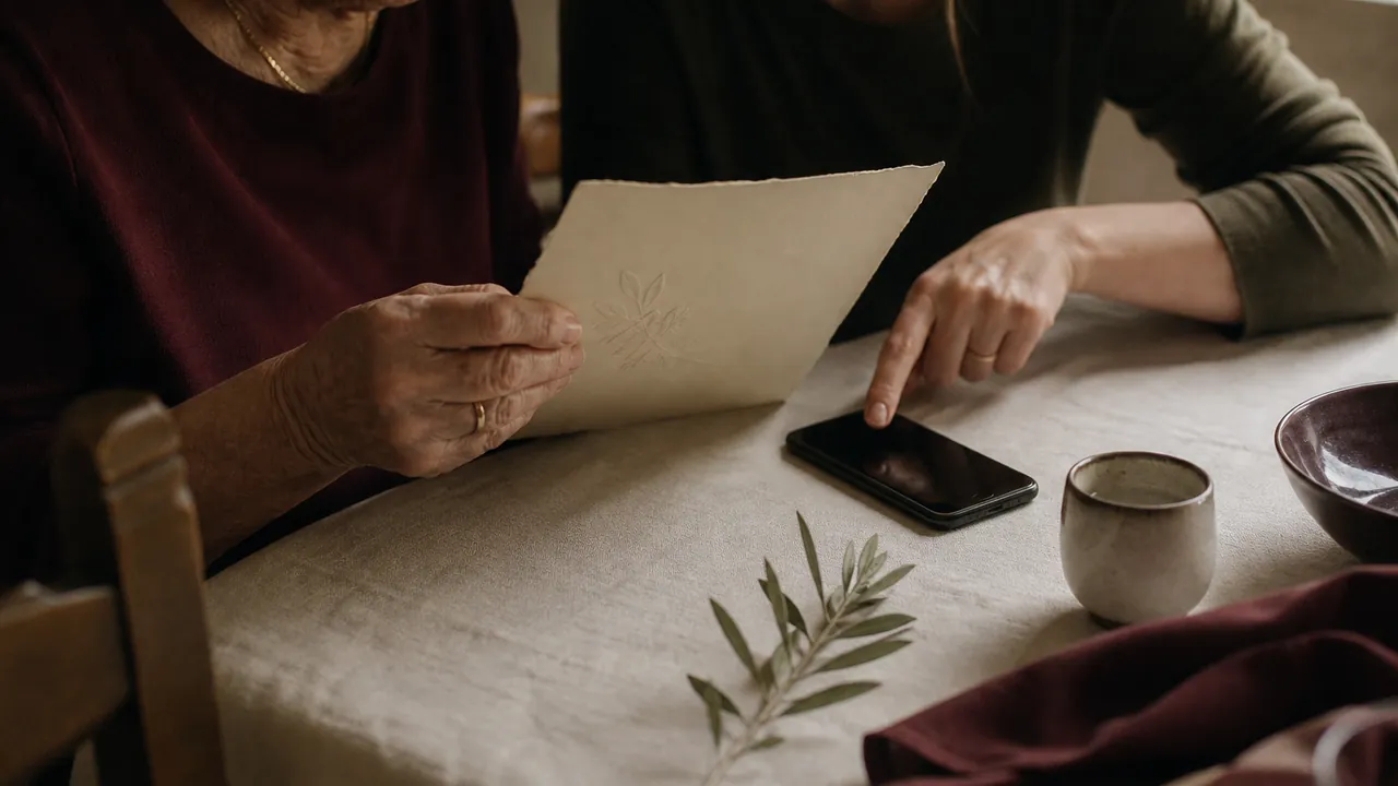 Familiar leyendo una invitación de papel mientras consulta el enlace desde un móvil