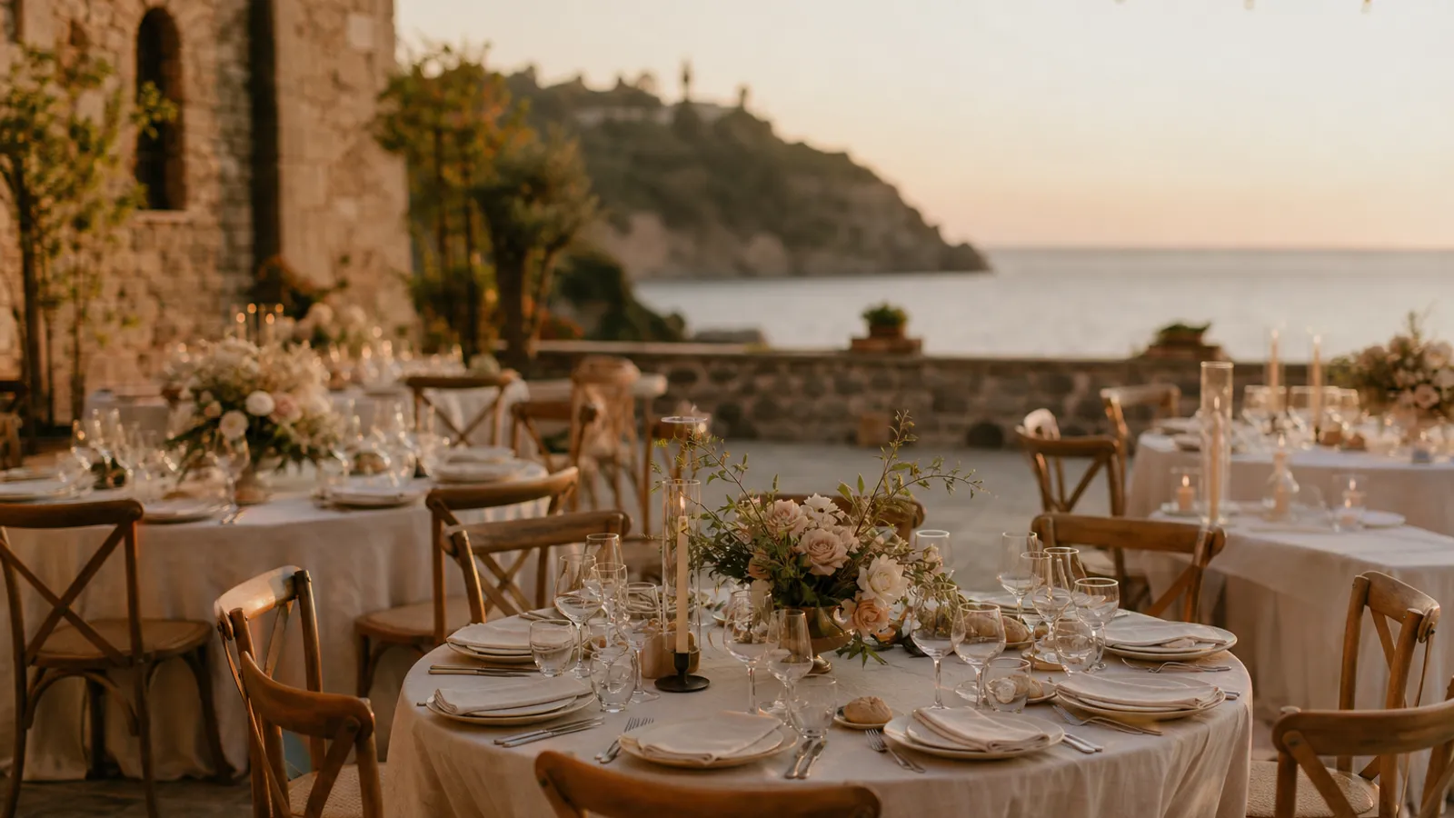 Boda de destino junto al mar con mesas preparadas al atardecer