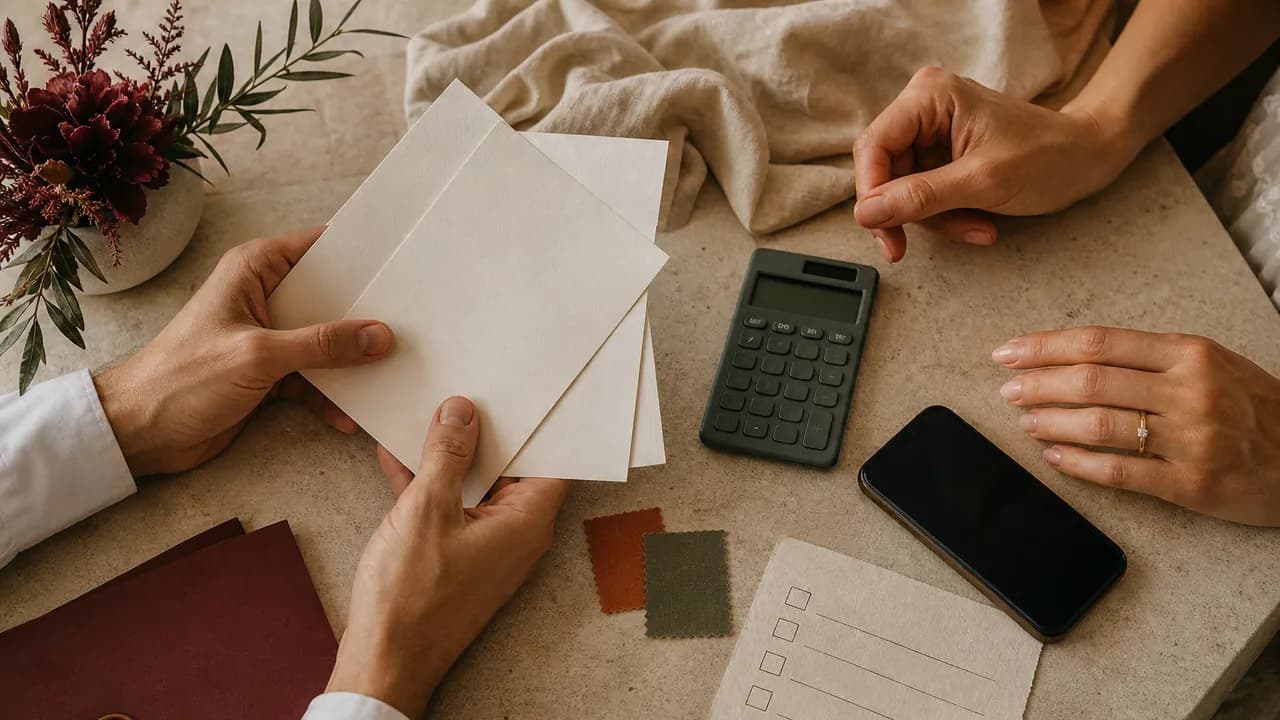 Pareja revisando tarjetas, una calculadora y una lista antes de elegir plataforma