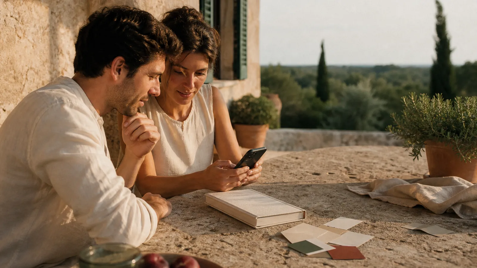 Pareja comparando opciones de invitaciones de boda digitales en una finca mediterránea