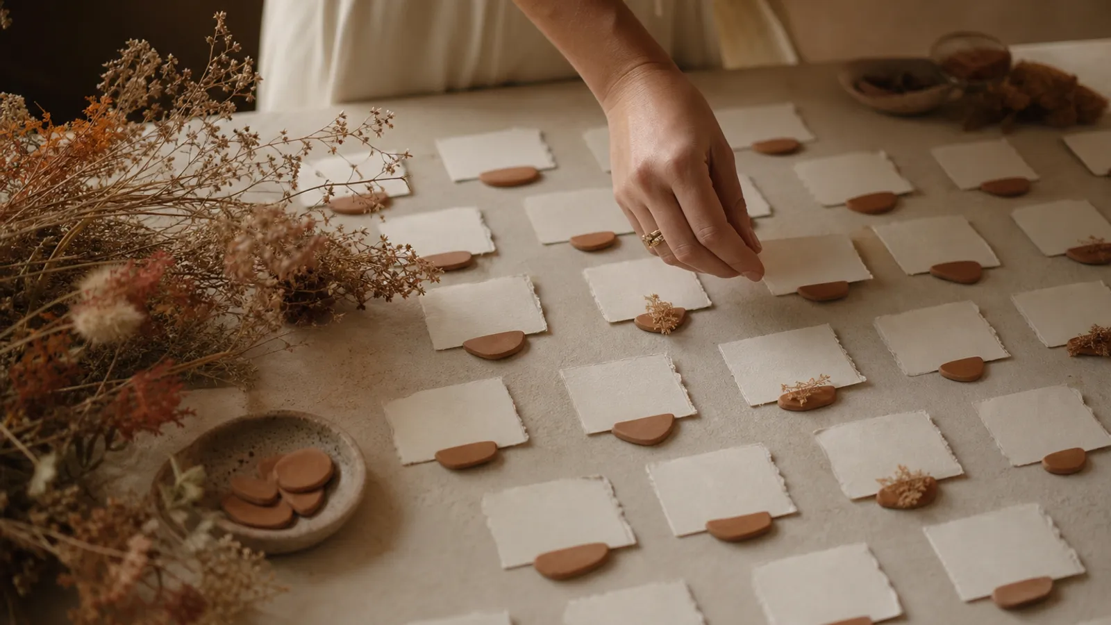 Plano de mesas de boda con tarjetas de invitados sobre una mesa