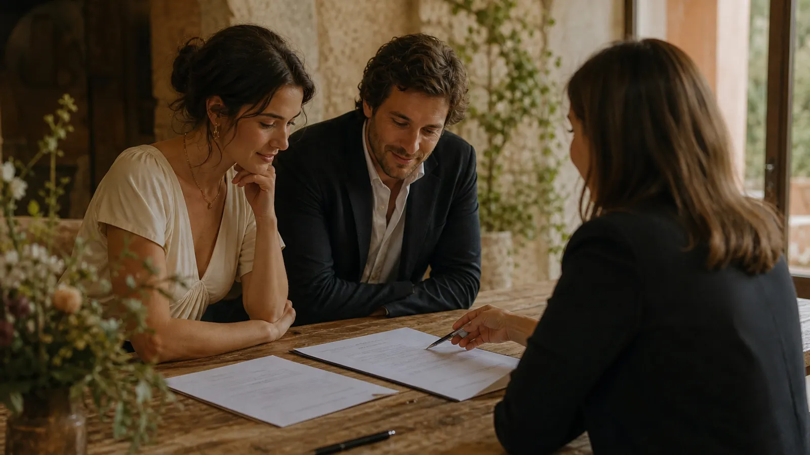 Pareja revisando un contrato y una lista de preguntas con el responsable del lugar
