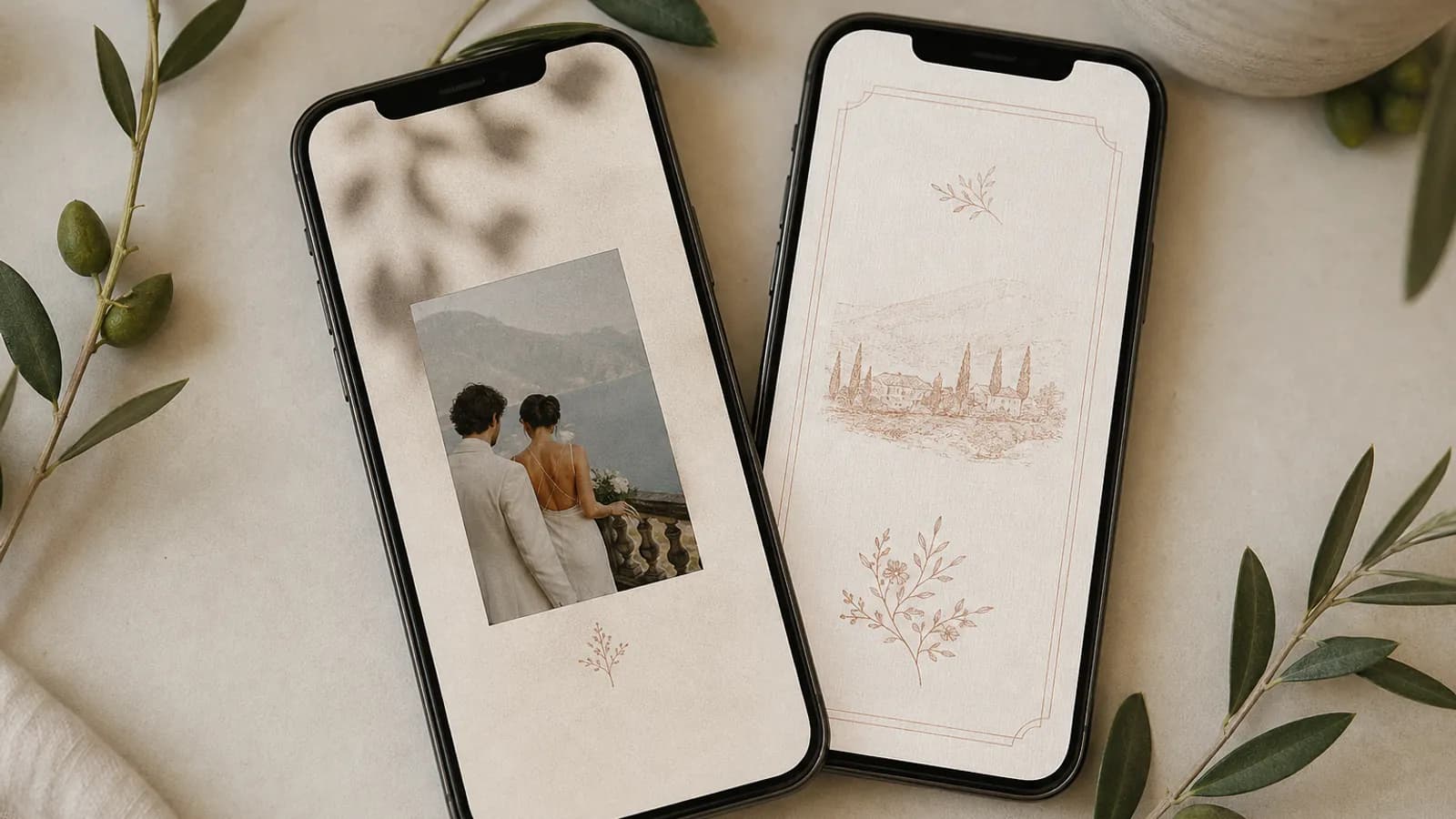 Comparación visual entre un save the date y una invitación de boda en dos móviles