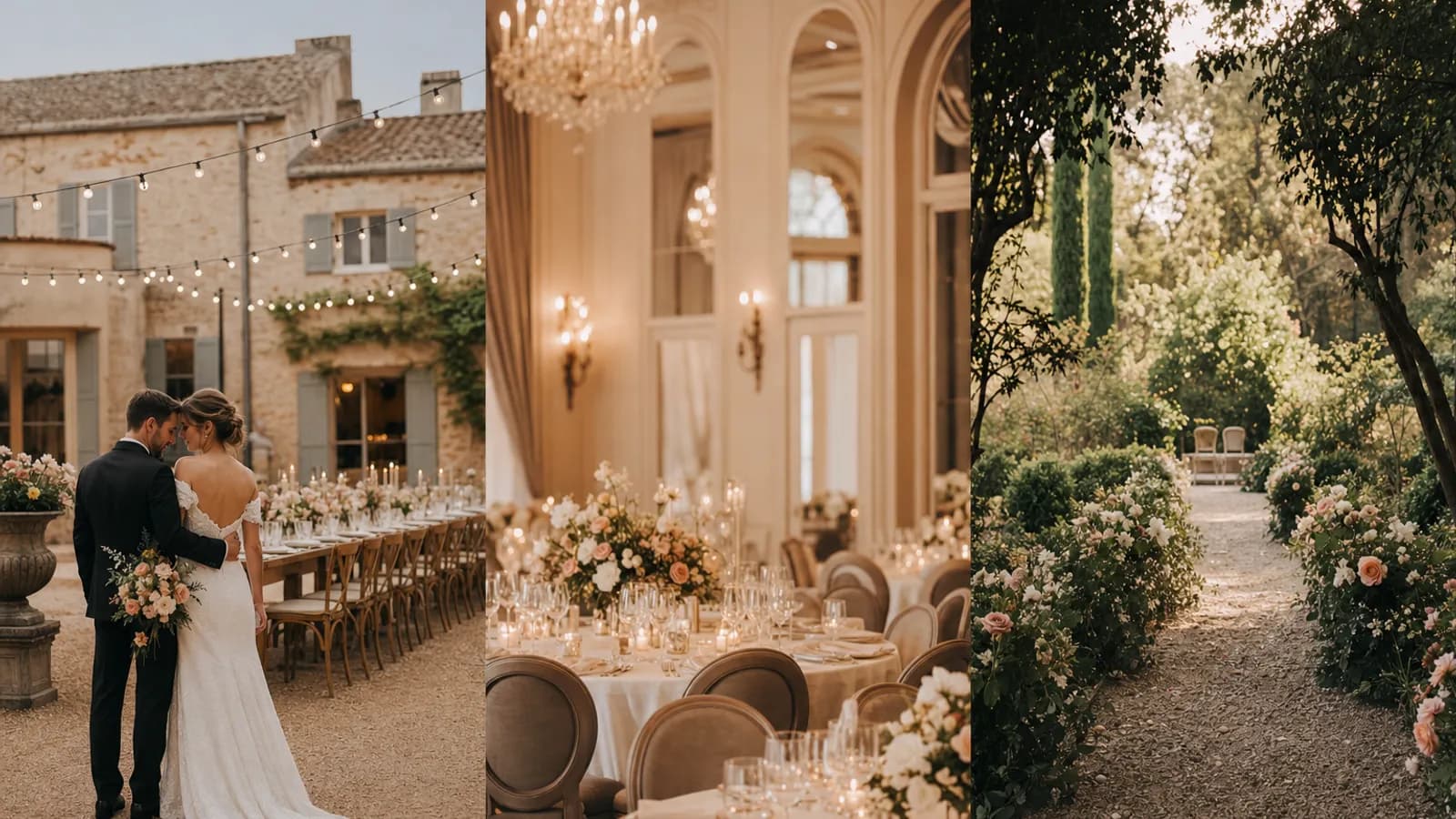 Distintos tipos de espacios para bodas: finca, salón de hotel y jardín