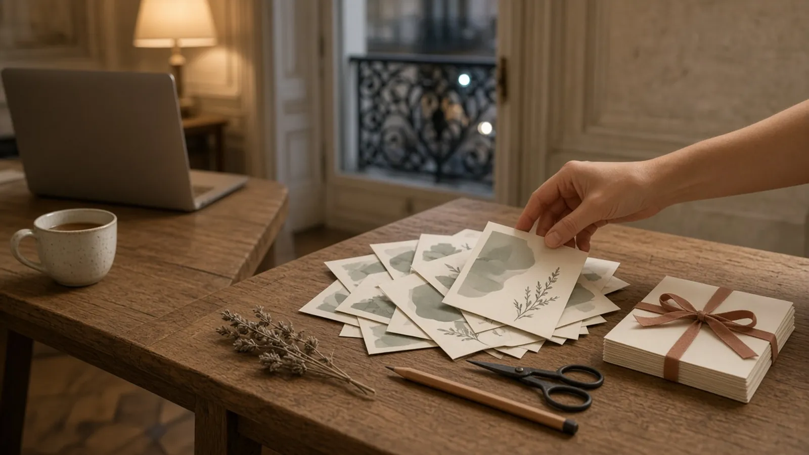 Tard le soir sur la table de la maison, un ordinateur vu de profil, écran détourné, à côté d’une pile d’essais imprimés d’un petit save the date ; une main en pose un de plus près d’une tasse de thé refroidi, sous une lampe chaude