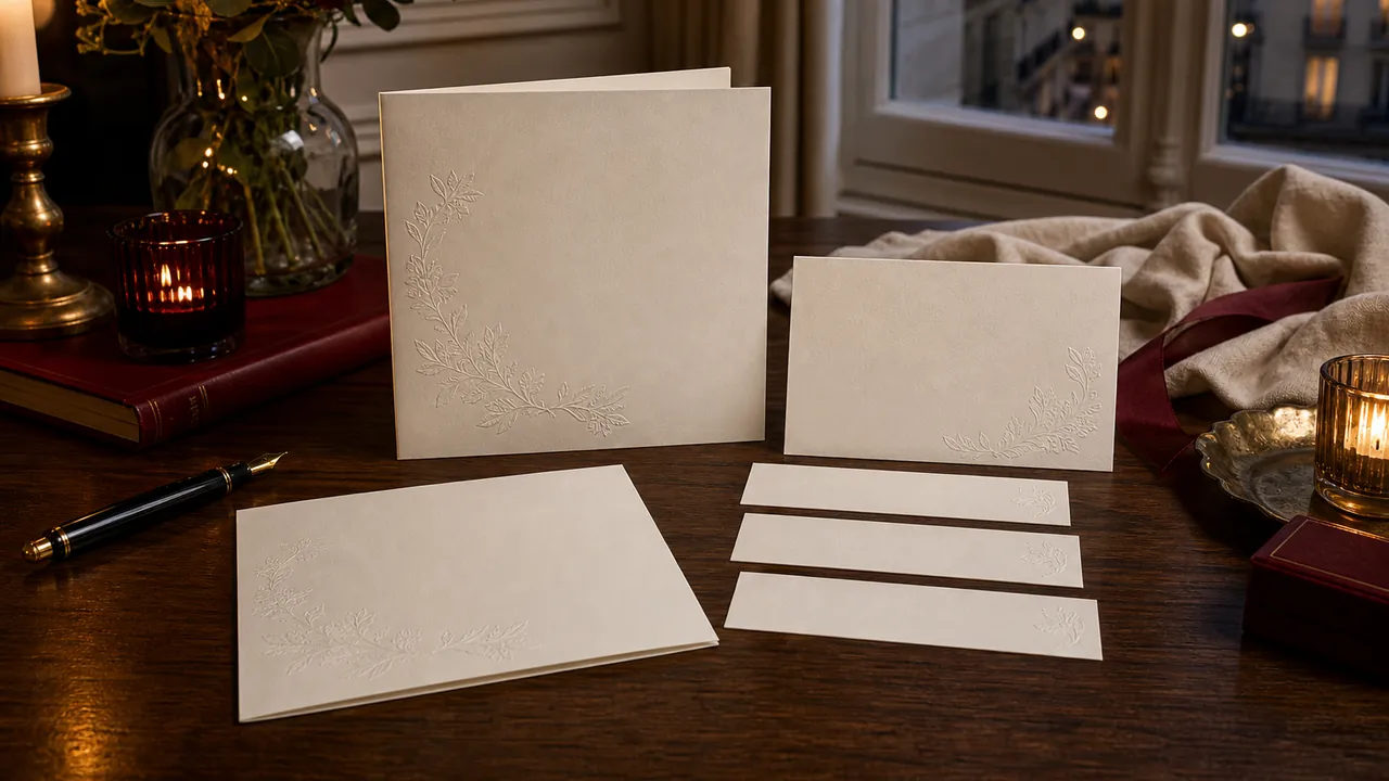 Faire-part, carton d’invitation, fiche pratique et trois encarts coordonnés sans texte