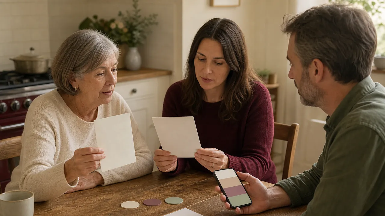 Trois proches comparent deux cartes et un téléphone autour d’une table