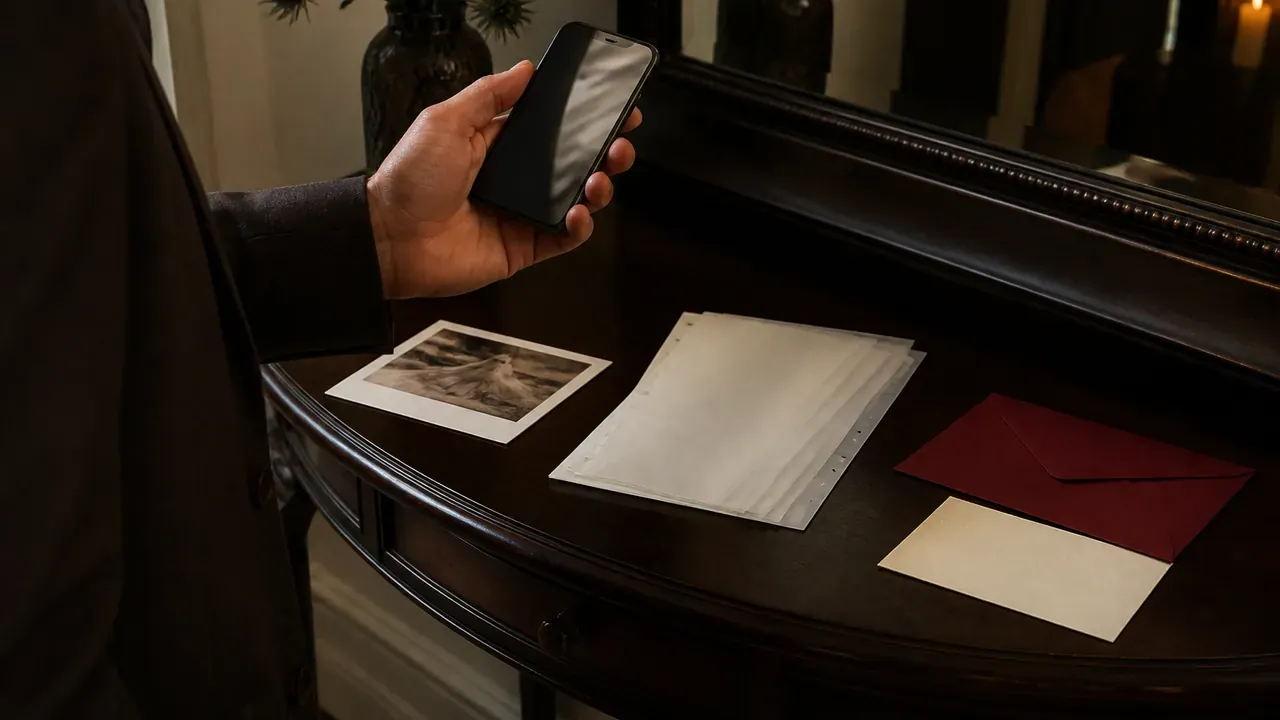 Une personne tient un téléphone près d’une image imprimée, de feuilles et d’une enveloppe bordeaux