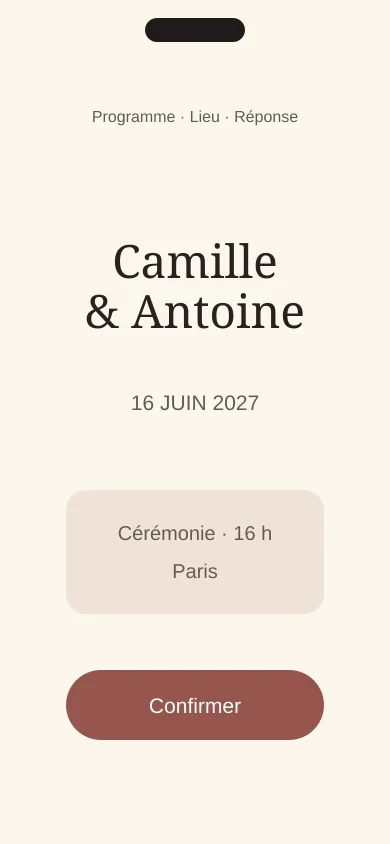 Maquette mobile d’un mini-site avec programme et bouton de réponse