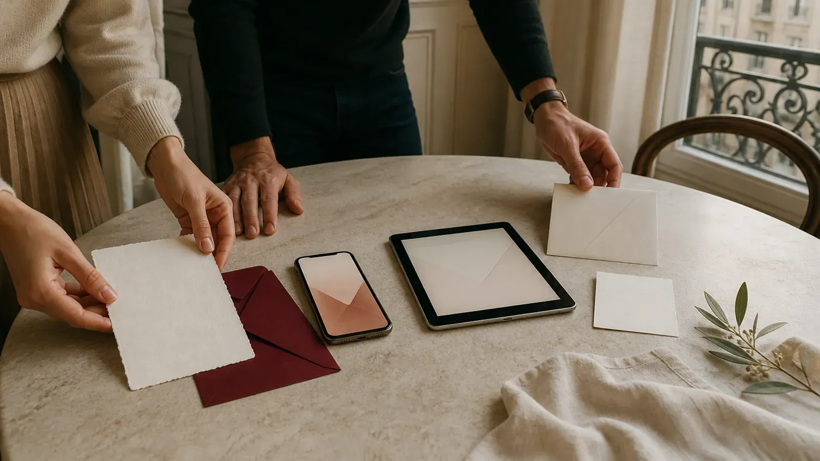 Un couple compare un faire-part papier, un téléphone et une tablette sur une table en pierre