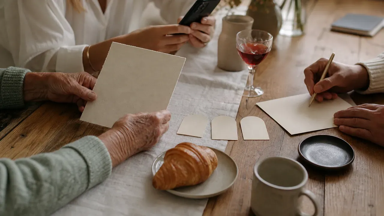 Des proches de plusieurs générations comparent une carte et un téléphone pendant qu’une personne prend des notes