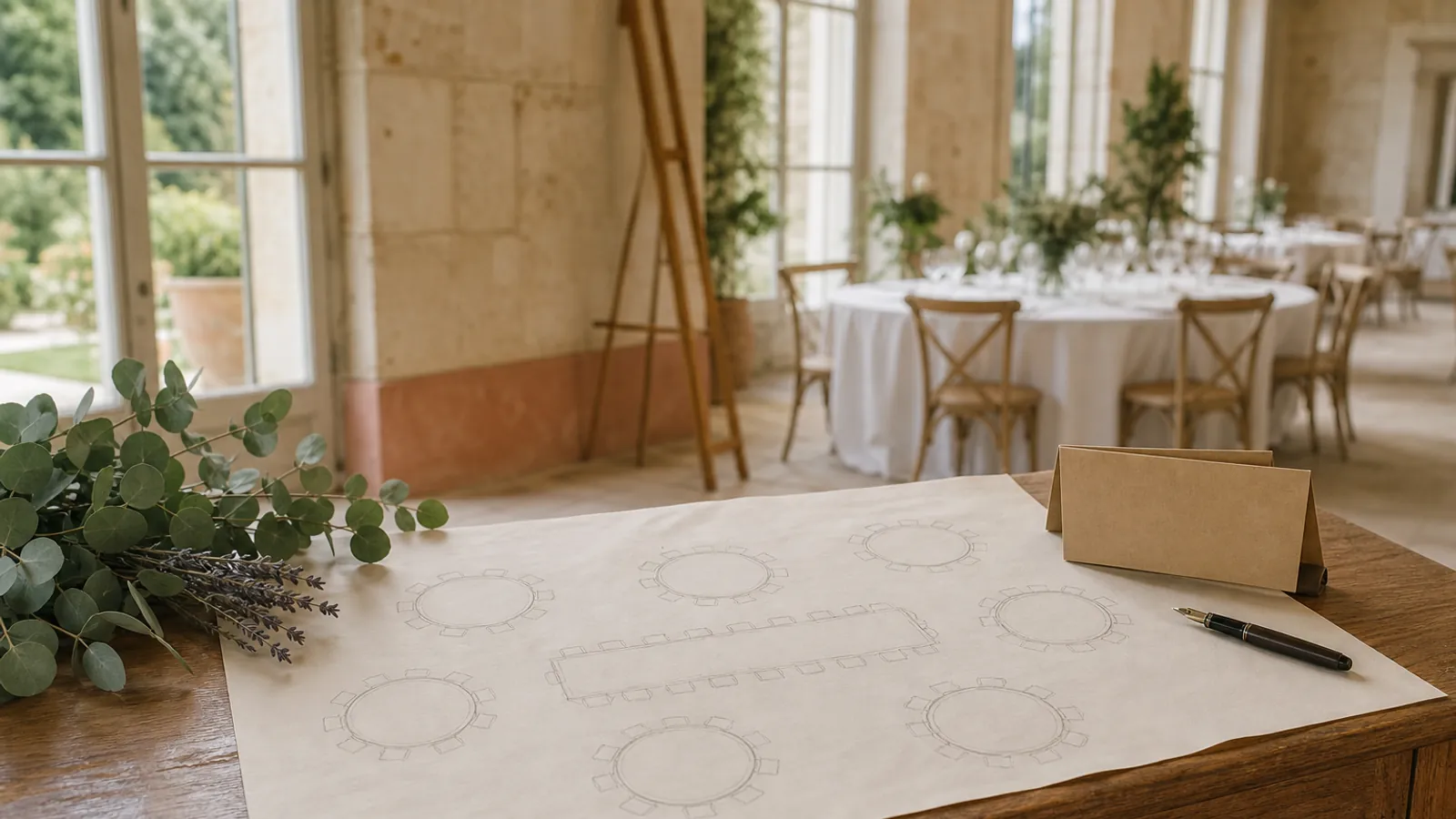 Plan de table de mariage tracé à la main sur une grande feuille, avec des tables rondes numérotées et des marque-places en carton dans une orangerie
