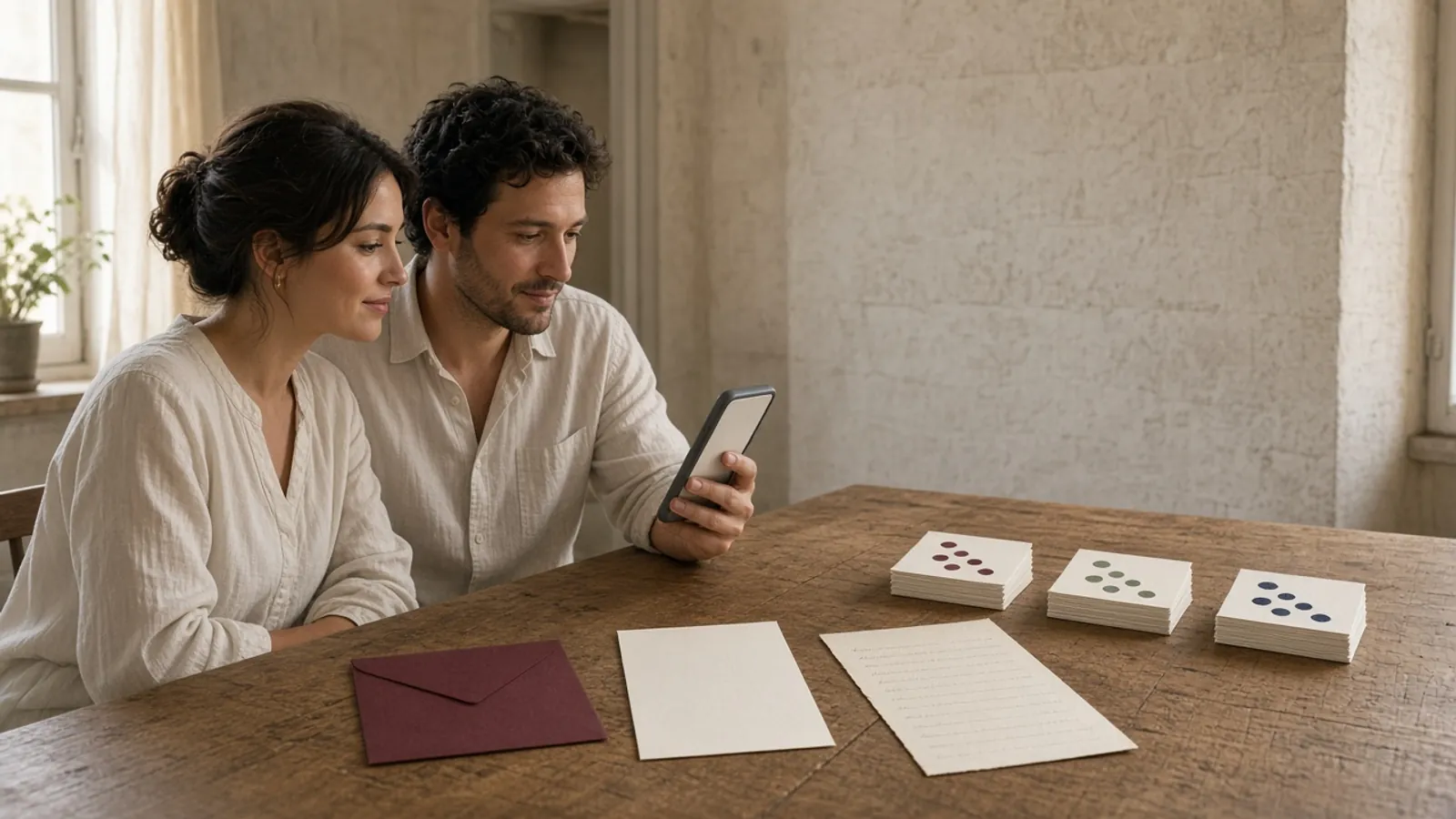 Un couple prépare des messages de faire-part pour un couple, une famille et une personne invitée seule