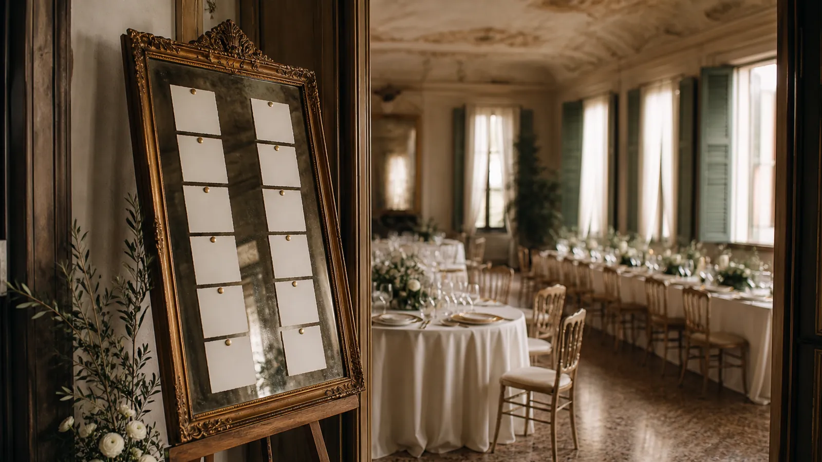 Tableau de mariage su uno specchio antico con cartoncini dei tavoli, davanti a una sala di villa con tavoli rotondi apparecchiati