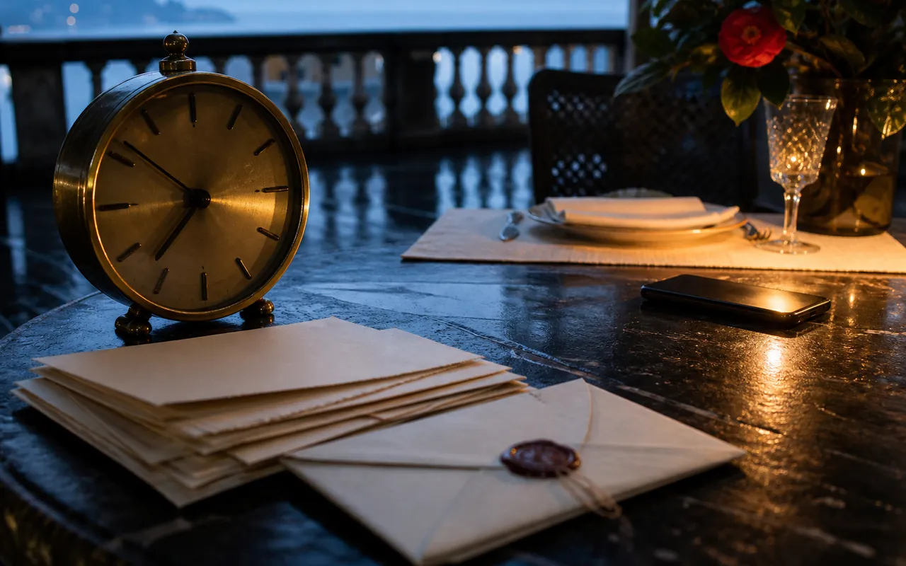 Orologio senza numeri, buste, cartoncini avorio e telefono su una terrazza bagnata al tramonto