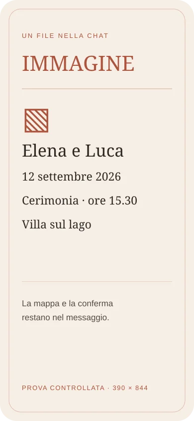 Immagine: Elena e Luca, 12 settembre 2026, cerimonia alle 15:30 a Villa sul lago; mappa e conferma restano nel messaggio