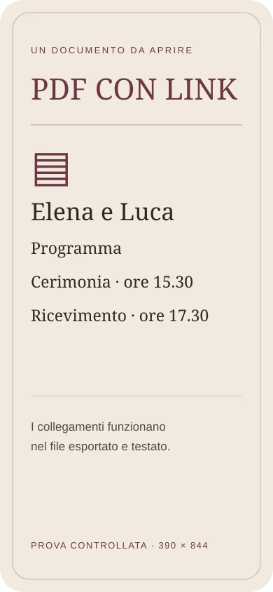 PDF con link: Elena e Luca, cerimonia alle 15:30 e ricevimento alle 17:30; collegamenti da esportare e testare