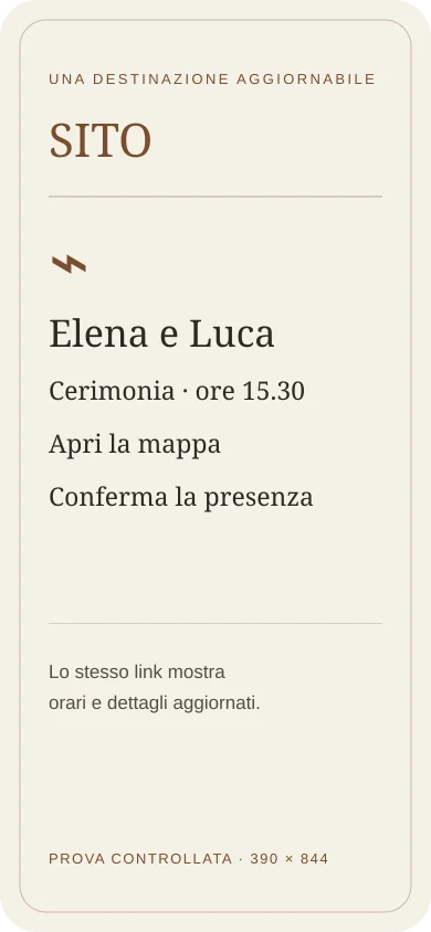 Sito: Elena e Luca, cerimonia alle 15:30, azioni per aprire la mappa e confermare, dettagli aggiornabili sullo stesso link