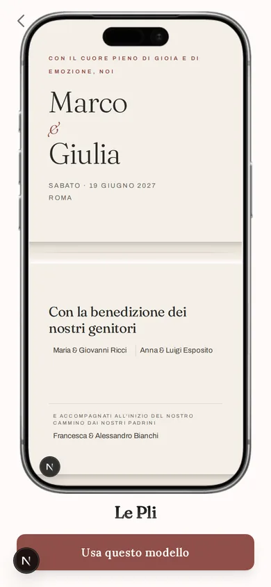 Pagina italiana Le Pli con l’anteprima della partecipazione di Marco e Giulia in una cornice telefono e il pulsante Usa questo modello