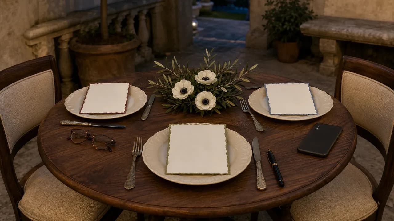 Tre partecipazioni con bordi di colori diversi su una tavola rotonda apparecchiata