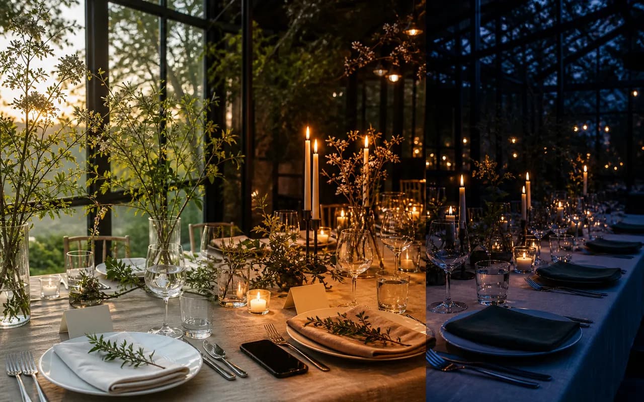 Een feesttafel verandert van daglicht via kaarslicht naar de avondsfeer