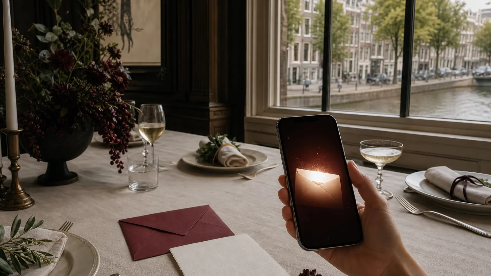 Digitale trouwkaart op een telefoon naast een wijnrode envelop aan een tafel aan de gracht