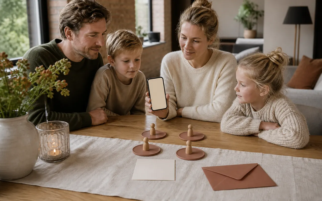 Een gezin bekijkt een digitale uitnodiging met vier afzonderlijke plaatsen