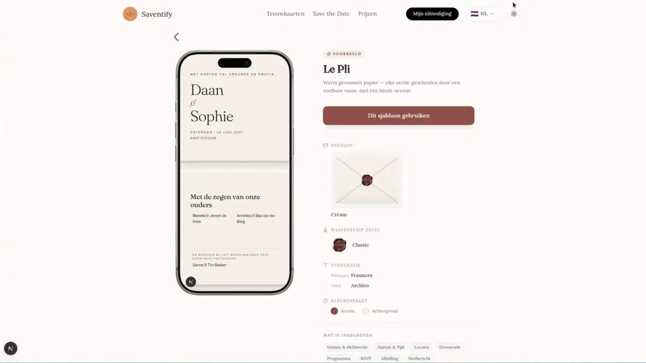 Nederlandse productpagina van het sjabloon Le Pli met mobiele uitnodigingspreview