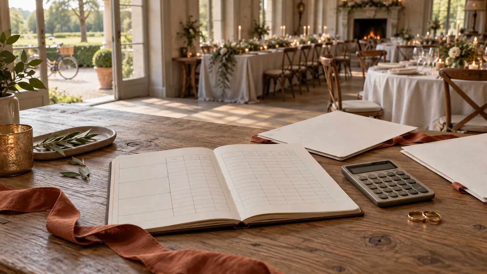 Een open budgetboek en rekenmachine op een eiken tafel in een landgoedzaal.