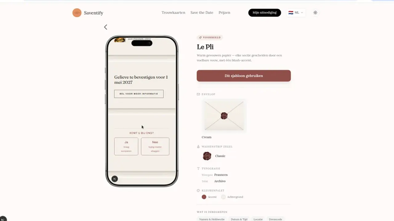 Nederlandse productpagina van Le Pli met een mobiele preview van de uitnodiging
