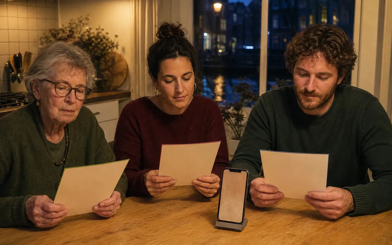 Drie gasten van verschillende leeftijden testen ieder een taalversie van dezelfde trouwuitnodiging